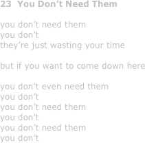 23  You Don’t Need Them

you don’t need them
you don’t
they’re just wasting your time

but if you want to come down here

you don’t even need them
you don’t
you don’t need them
you don’t
you don’t need them
you don’t
